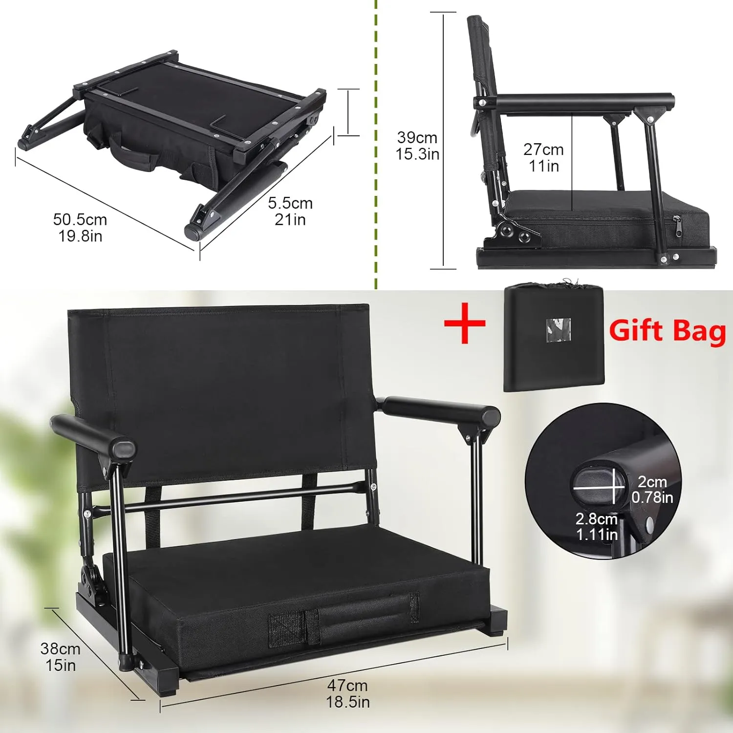 Stadium Seats for Bleachers with Back Support & Armrests, Foldable Stadium Chair with Removable Padded Comfy Foam Cushion, Lightweight Protable Bleacher Seat with Shoulder Strap