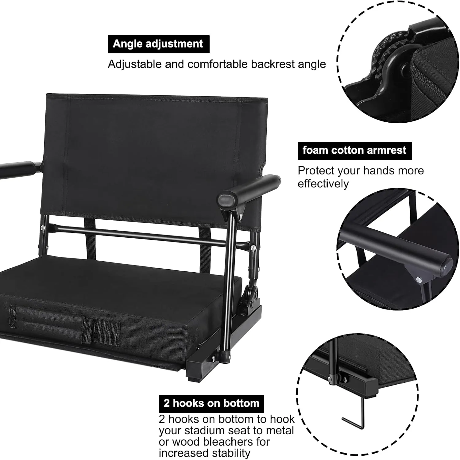 Stadium Seats for Bleachers with Back Support & Armrests, Foldable Stadium Chair with Removable Padded Comfy Foam Cushion, Lightweight Protable Bleacher Seat with Shoulder Strap