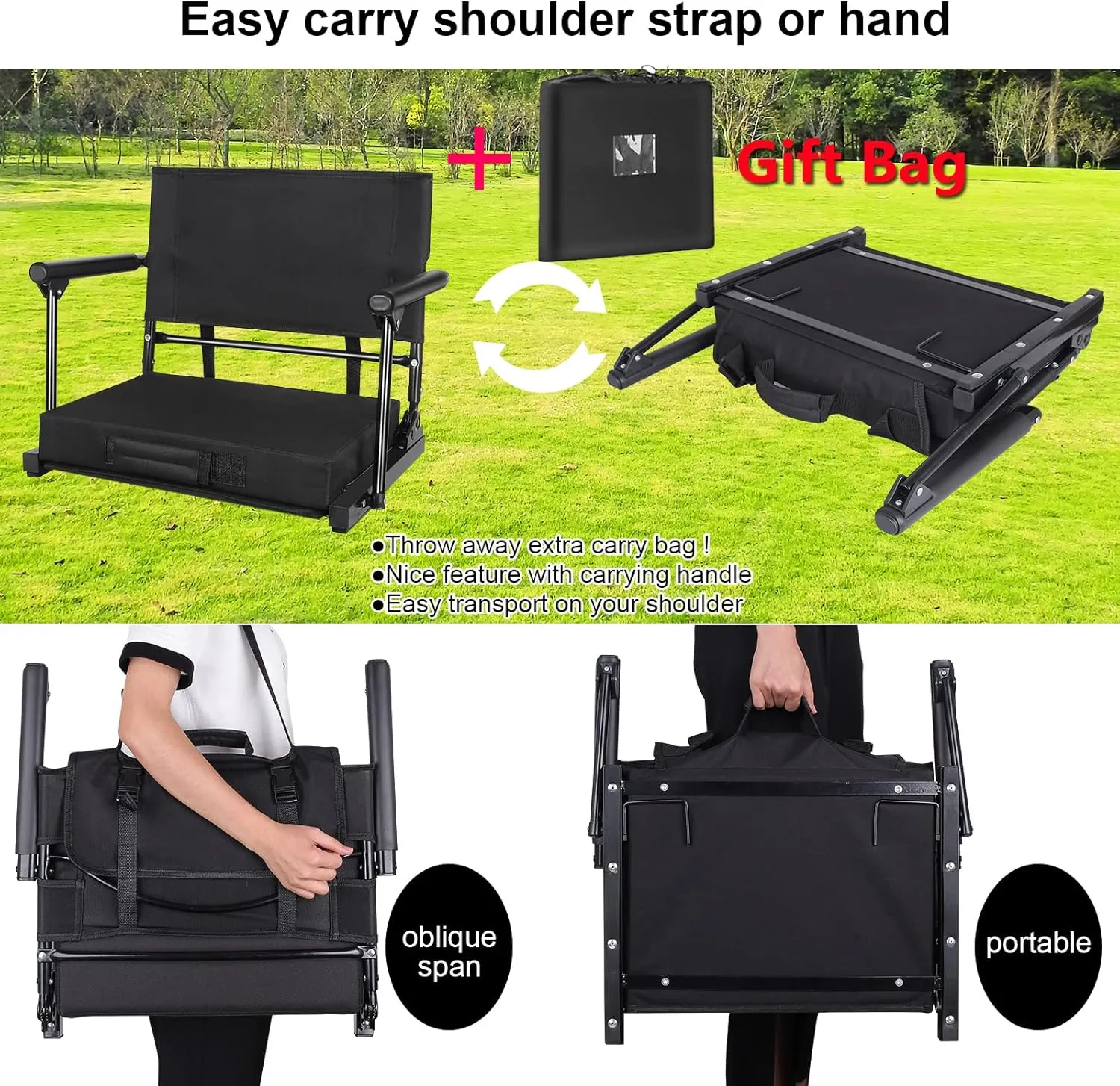 Stadium Seats for Bleachers with Back Support & Armrests, Foldable Stadium Chair with Removable Padded Comfy Foam Cushion, Lightweight Protable Bleacher Seat with Shoulder Strap