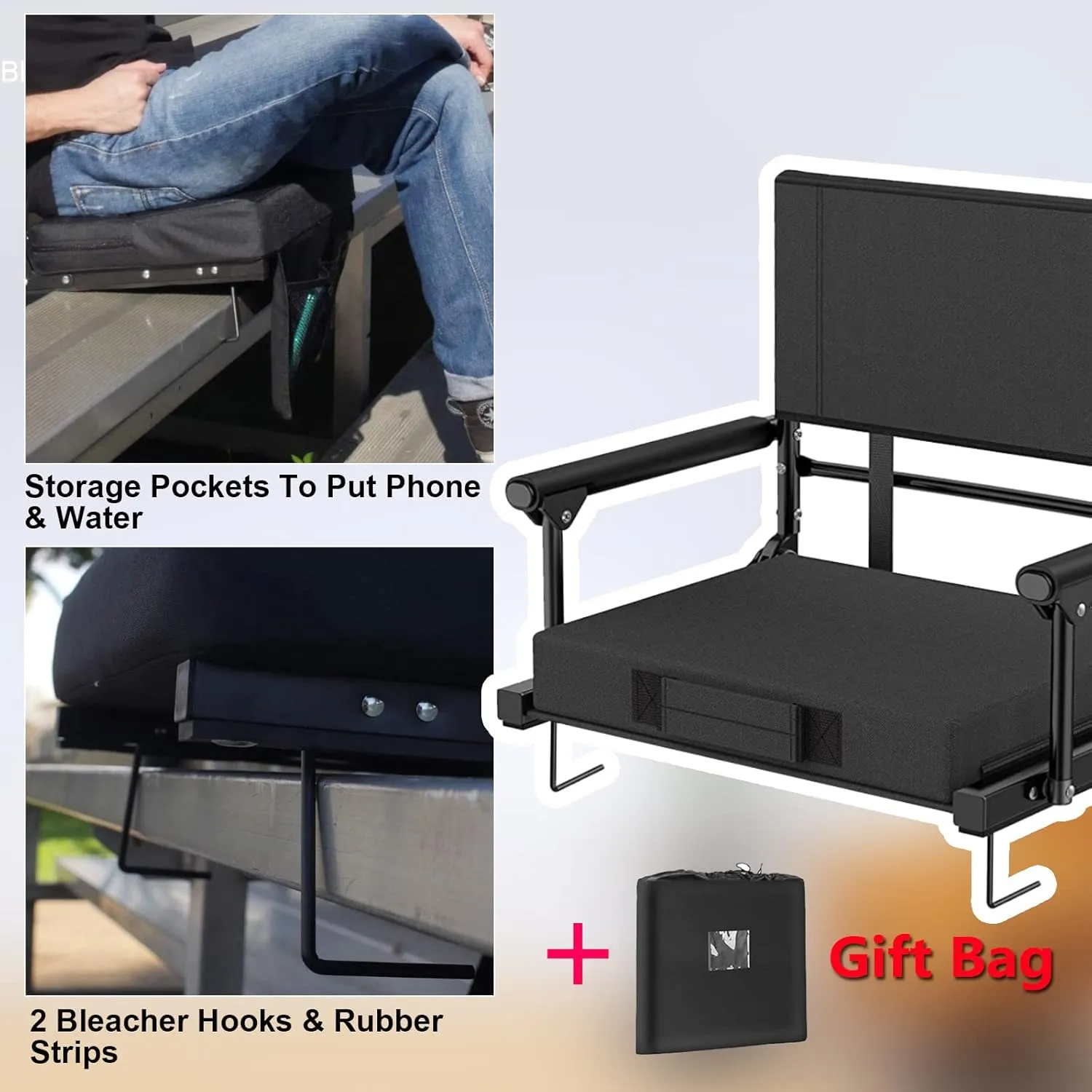 Stadium Seats for Bleachers with Back Support & Armrests, Foldable Stadium Chair with Removable Padded Comfy Foam Cushion, Lightweight Protable Bleacher Seat with Shoulder Strap
