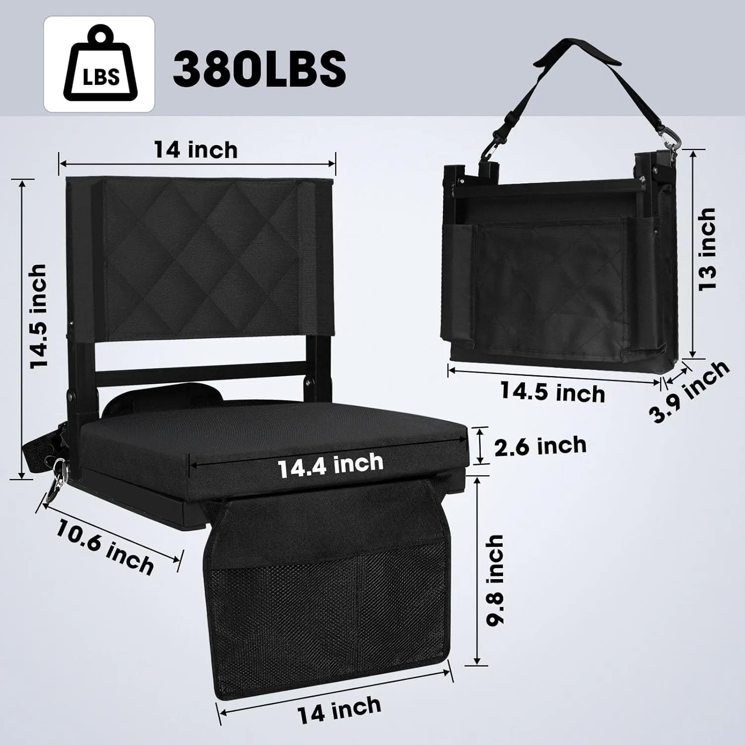 Stadium Seats with Back Support,Bleacher Chairs with Back and Cushion,Heavy-Duty 400lb Capacity Bleacher Chairs for Sports Games,Concerts & Camping,Includes Storage Pocket & Carry Strap (2)