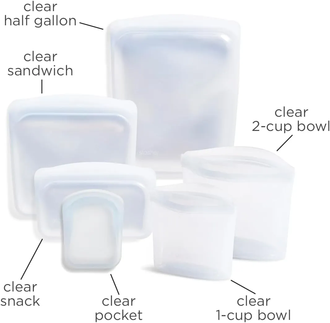 Stasher Premium Silicone Reusable Food Storage Bags, 6-Pack, Clear, Multi-Use Food Storage Bags, Lunch Bag, Travel Containers, BPA Free, Leak-free, Dishwasher-Safe, Eco-friendly