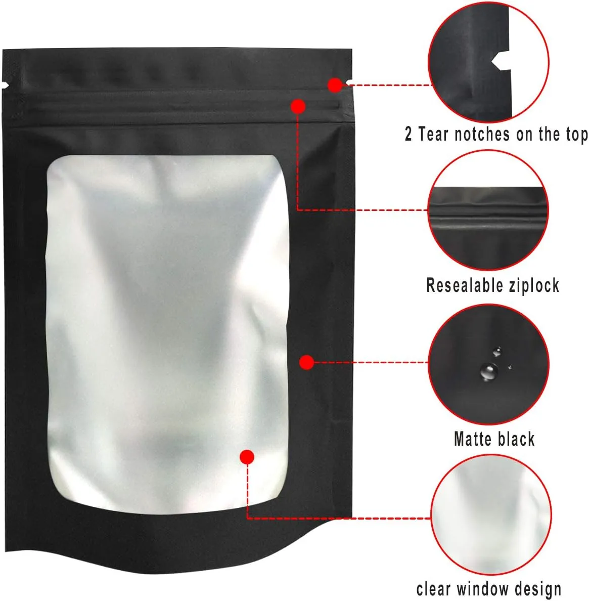 STUs 100 Pack Smell Proof Bags 4 x 6 Inch Resealable Stand-Up Mylar Bags with Clear Window Foil Pouch Bags Flat Bag Matte Black
