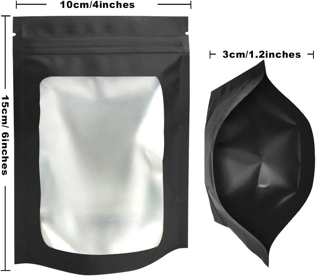 STUs 100 Pack Smell Proof Bags 4 x 6 Inch Resealable Stand-Up Mylar Bags with Clear Window Foil Pouch Bags Flat Bag Matte Black