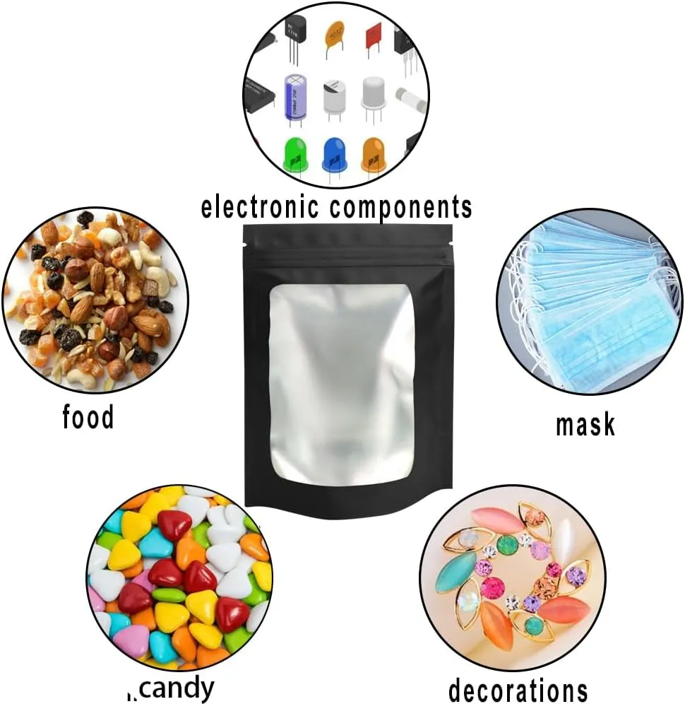 STUs 100 Pack Smell Proof Bags 4 x 6 Inch Resealable Stand-Up Mylar Bags with Clear Window Foil Pouch Bags Flat Bag Matte Black