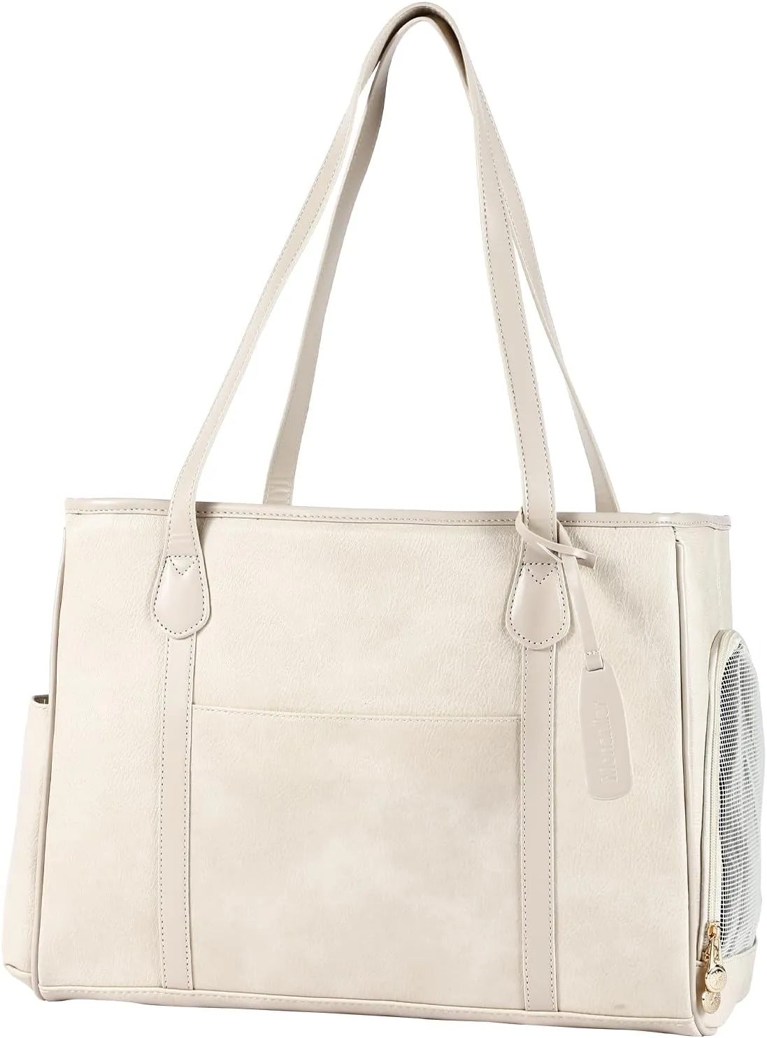 Stylish Dog Purse Carrier, Leather Pet Carrier Bag for Small Dogs Cats Puppy, Airline Approved Soft-Sided Carrier Beige