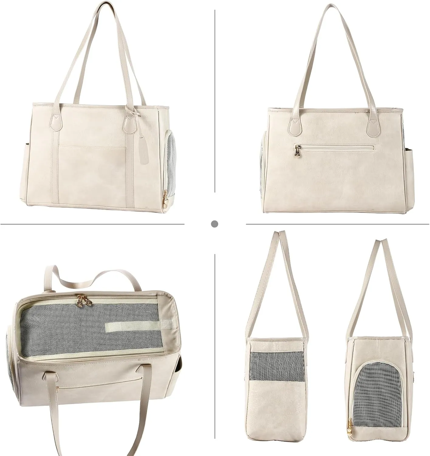 Stylish Dog Purse Carrier, Leather Pet Carrier Bag for Small Dogs Cats Puppy, Airline Approved Soft-Sided Carrier Beige