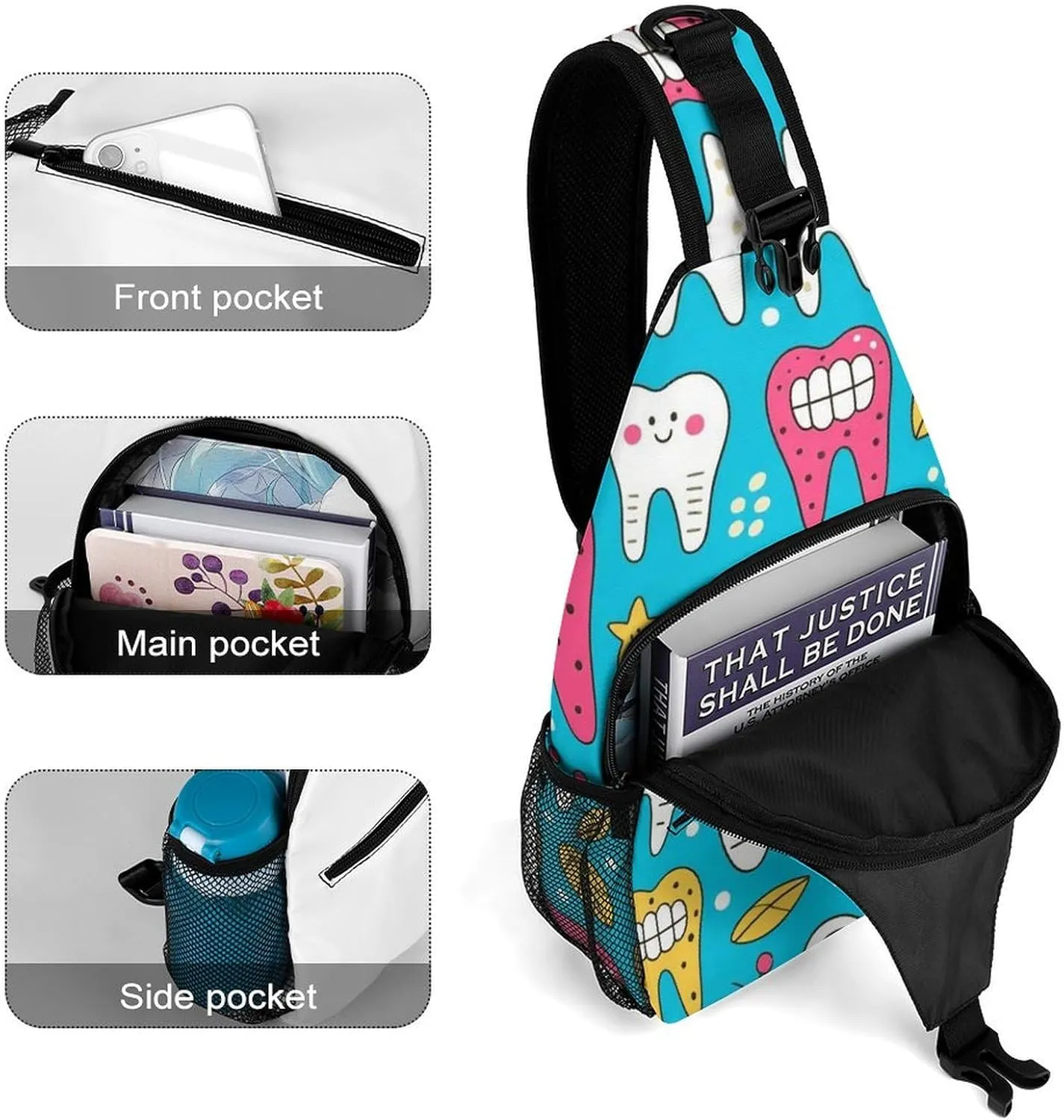 Supdreamc Sling Bag Backpack for Women Men Multipurpose Anti-Theft Gym Crossbody Sack Satchel Outdoor Hiking Backpack, Cartoon Teeth Dental Art Chest Day Bag