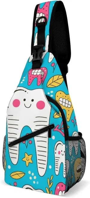 Supdreamc Sling Bag Backpack for Women Men Multipurpose Anti-Theft Gym Crossbody Sack Satchel Outdoor Hiking Backpack, Cartoon Teeth Dental Art Chest Day Bag