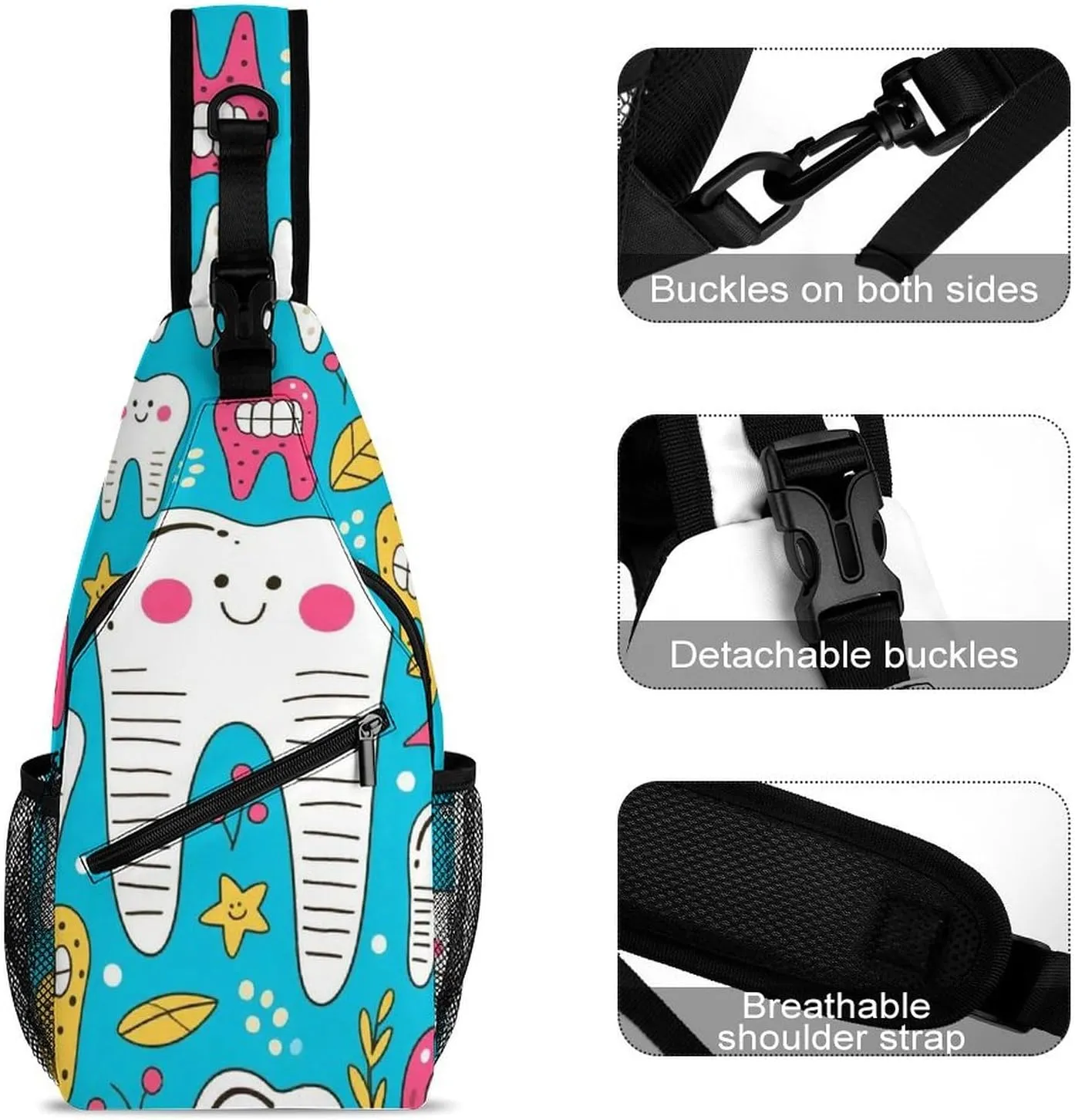 Supdreamc Sling Bag Backpack for Women Men Multipurpose Anti-Theft Gym Crossbody Sack Satchel Outdoor Hiking Backpack, Cartoon Teeth Dental Art Chest Day Bag