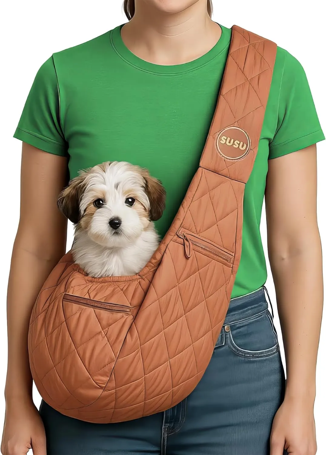 SUSU Small Dog Carrier Sling – Hands-Free Puppy Carrier Sling for Small Dogs & Cats Upto 9lbs | Adjustable, Soft & Secure Dog Slings for Travel & Walking (Camel-Brown)