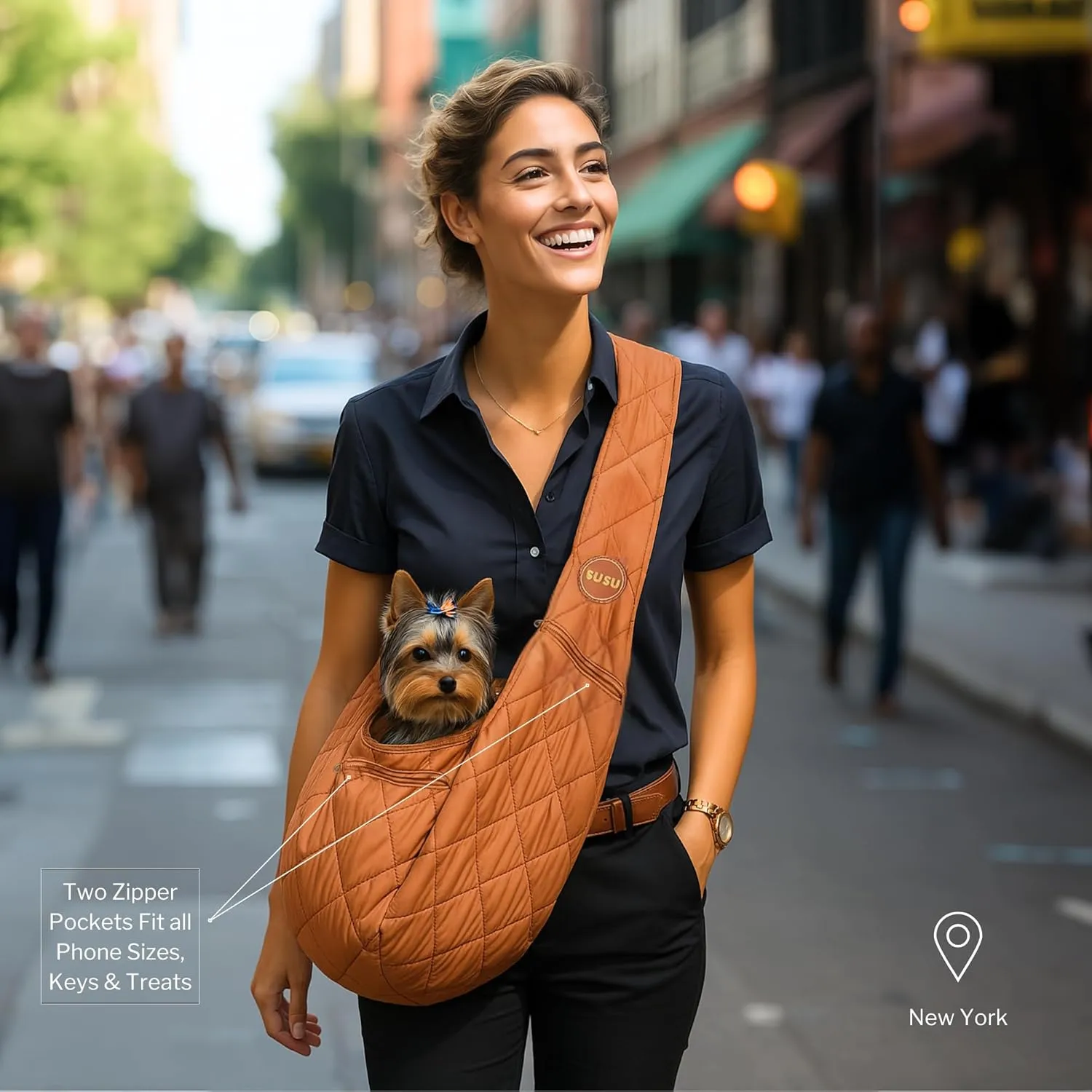 SUSU Small Dog Carrier Sling – Hands-Free Puppy Carrier Sling for Small Dogs & Cats Upto 9lbs | Adjustable, Soft & Secure Dog Slings for Travel & Walking (Camel-Brown)
