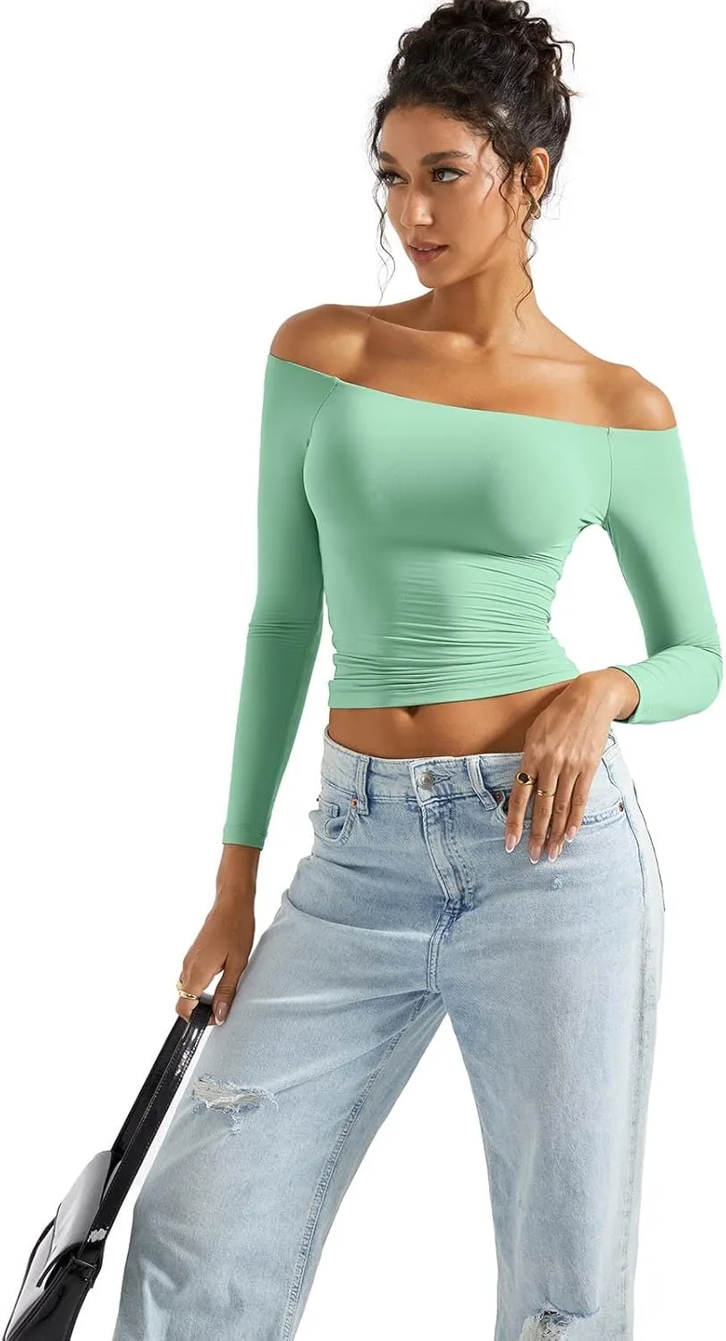 SUUKSESS Women Off Shoulder Double Lined Long Sleeve Shirts Basic Going Out Tops