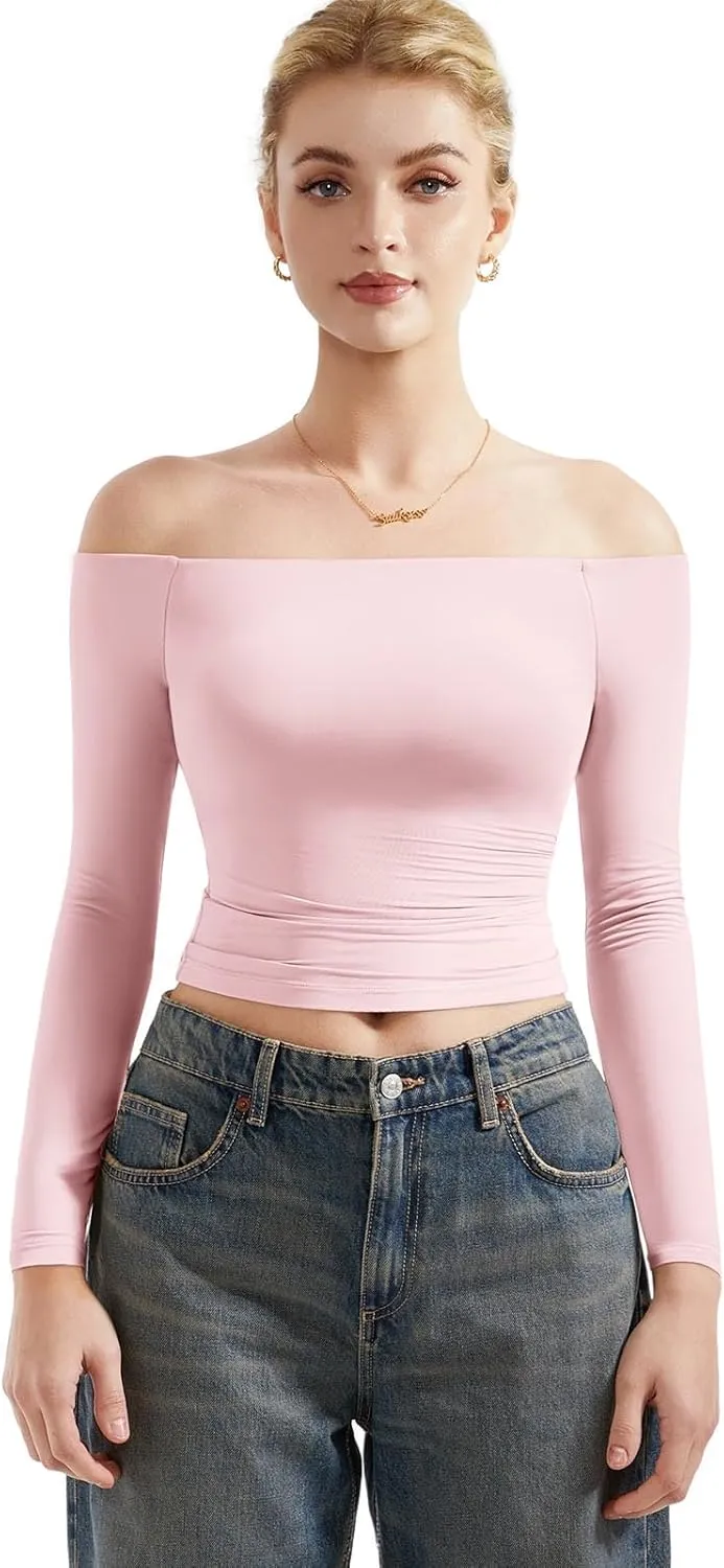SUUKSESS Women Off Shoulder Double Lined Long Sleeve Shirts Basic Going Out Tops