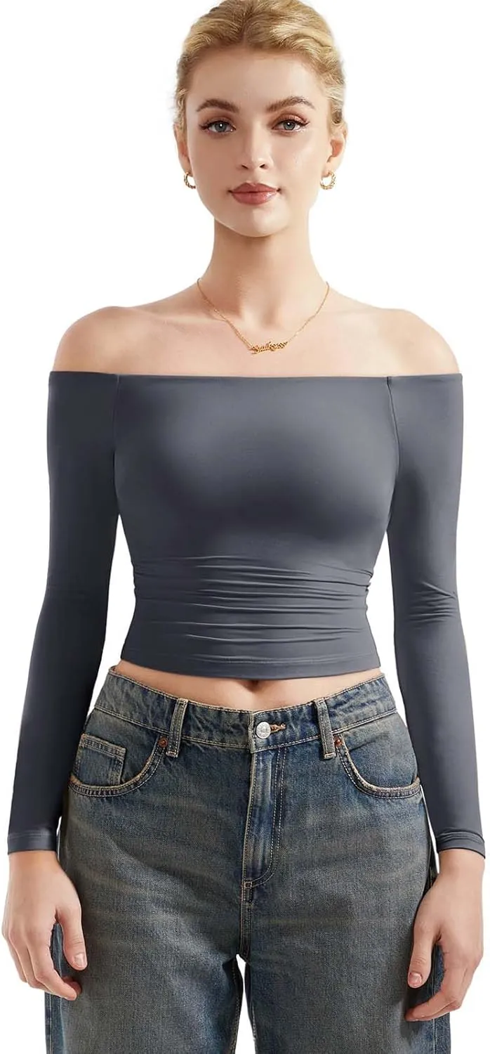 SUUKSESS Women Off Shoulder Double Lined Long Sleeve Shirts Basic Going Out Tops