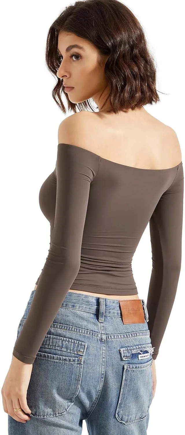 SUUKSESS Women Off Shoulder Double Lined Long Sleeve Shirts Basic Going Out Tops