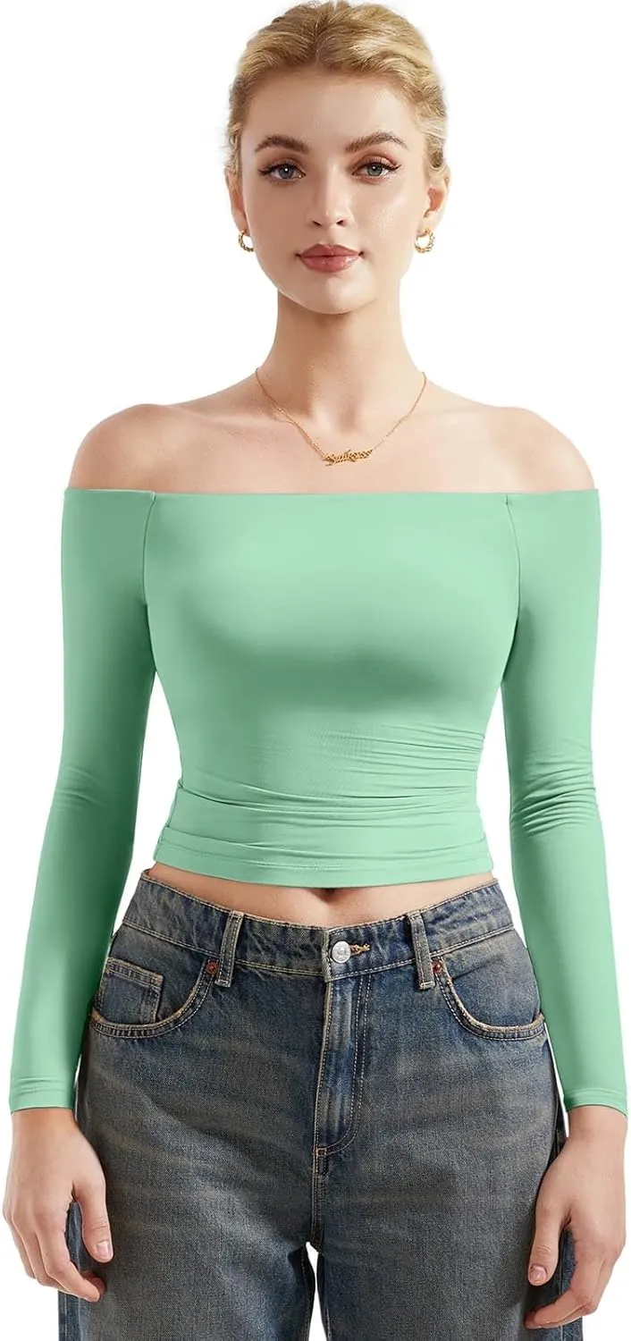 SUUKSESS Women Off Shoulder Double Lined Long Sleeve Shirts Basic Going Out Tops