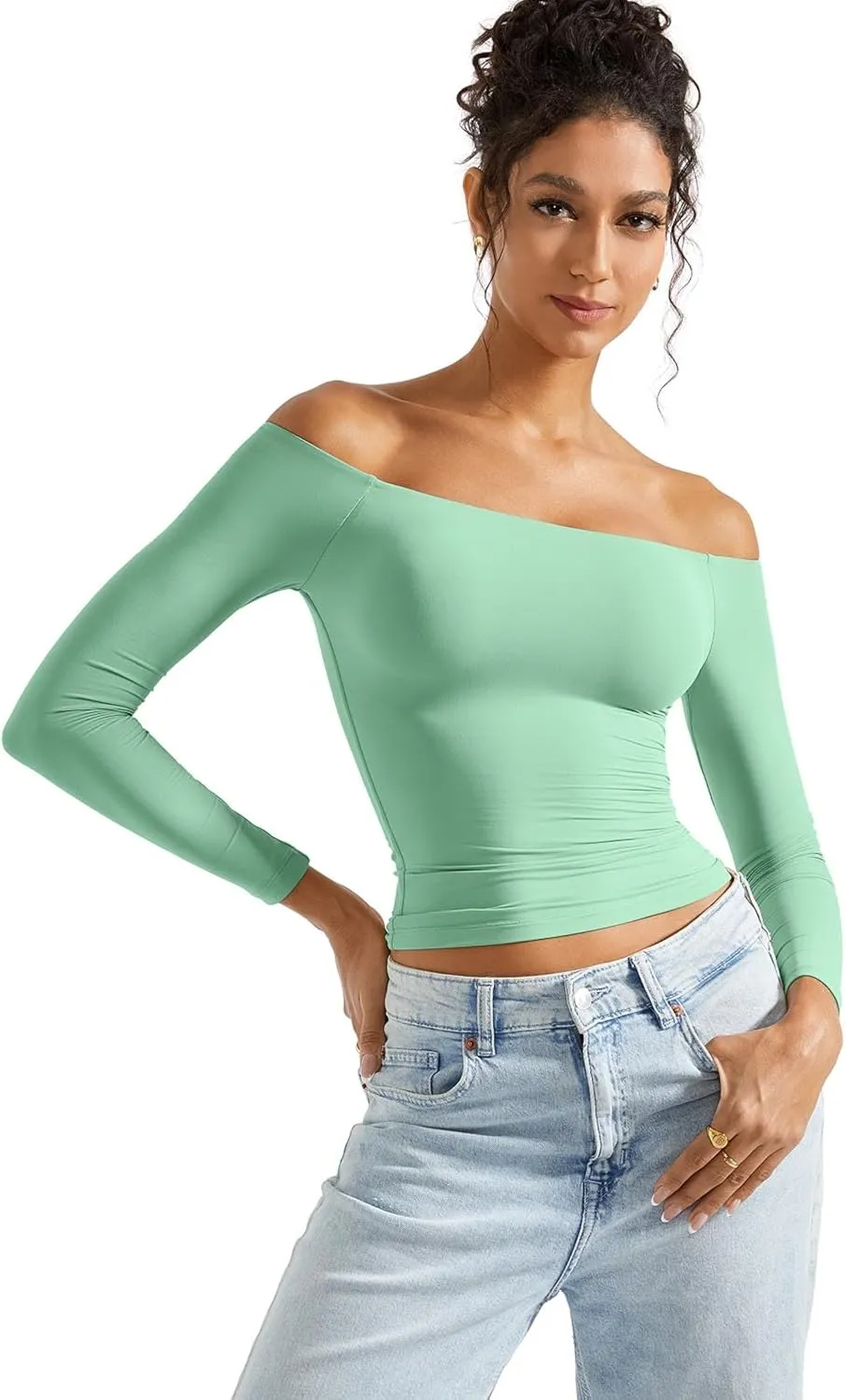 SUUKSESS Women Off Shoulder Double Lined Long Sleeve Shirts Basic Going Out Tops