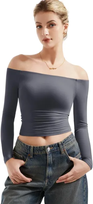 SUUKSESS Women Off Shoulder Double Lined Long Sleeve Shirts Basic Going Out Tops
