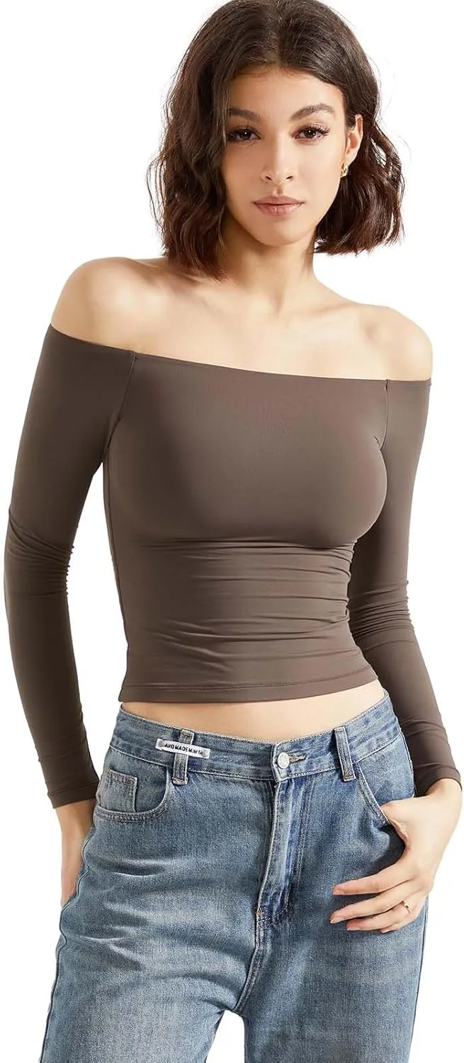 SUUKSESS Women Off Shoulder Double Lined Long Sleeve Shirts Basic Going Out Tops