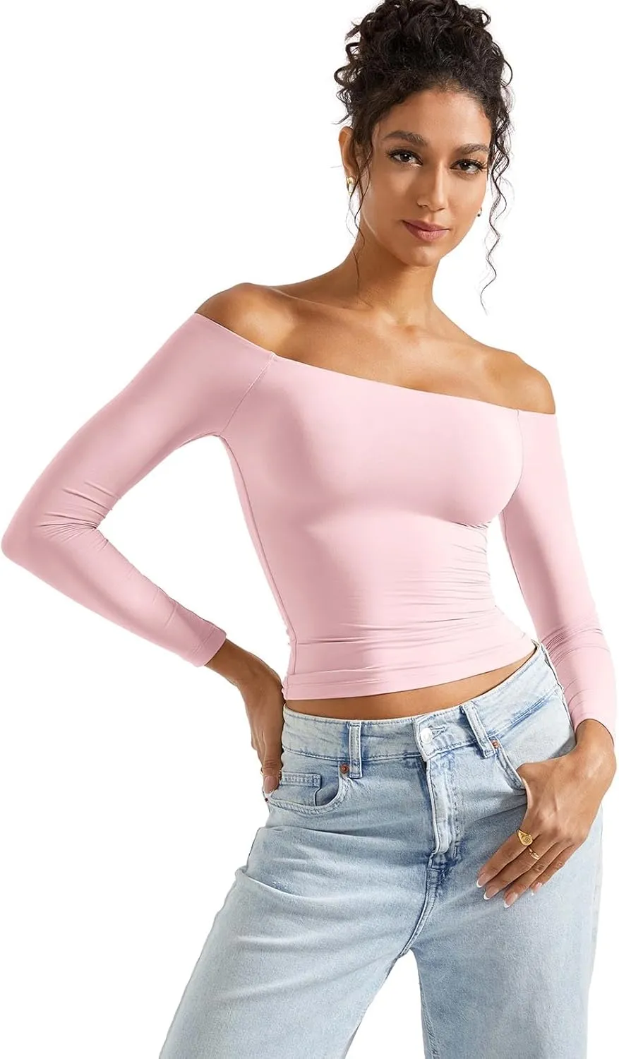 SUUKSESS Women Off Shoulder Double Lined Long Sleeve Shirts Basic Going Out Tops