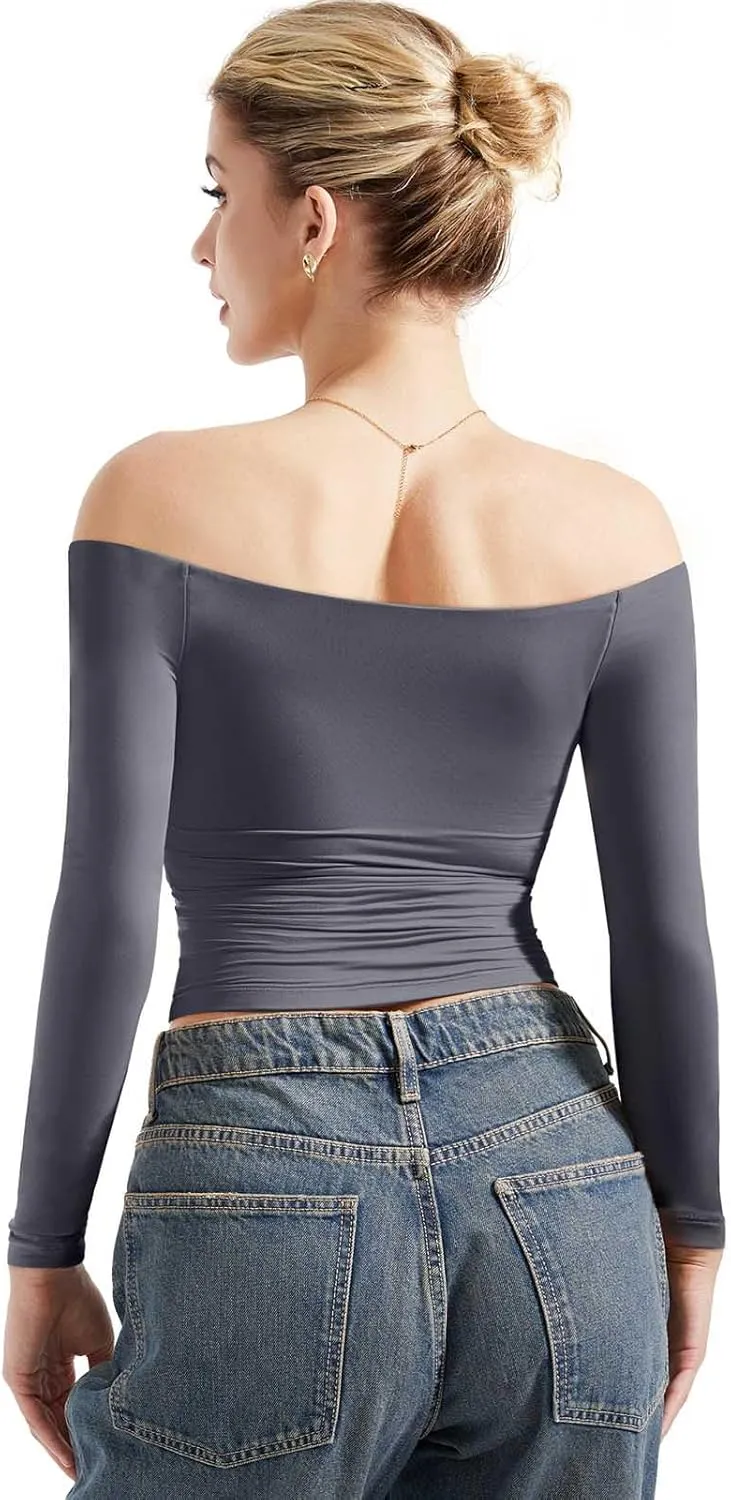 SUUKSESS Women Off Shoulder Double Lined Long Sleeve Shirts Basic Going Out Tops