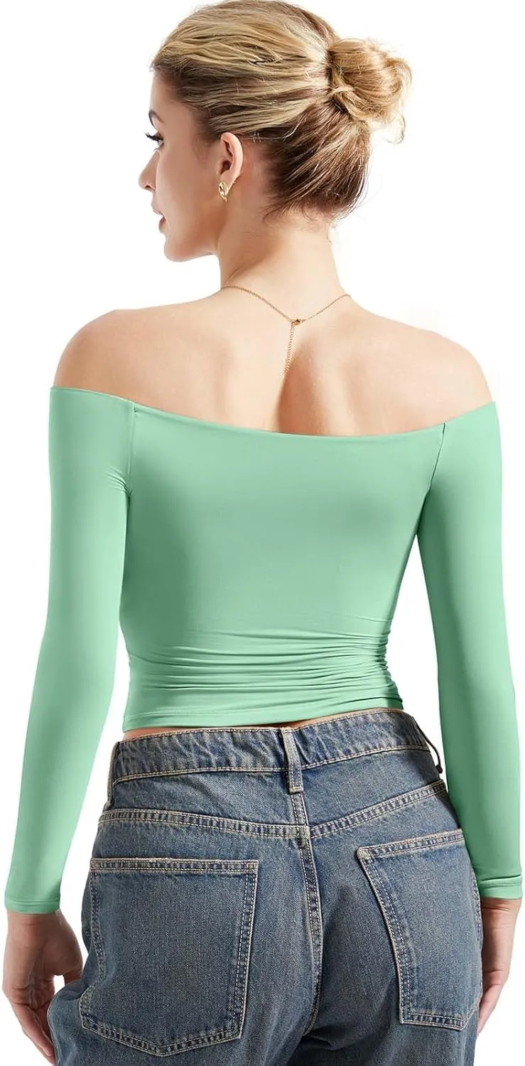 SUUKSESS Women Off Shoulder Double Lined Long Sleeve Shirts Basic Going Out Tops