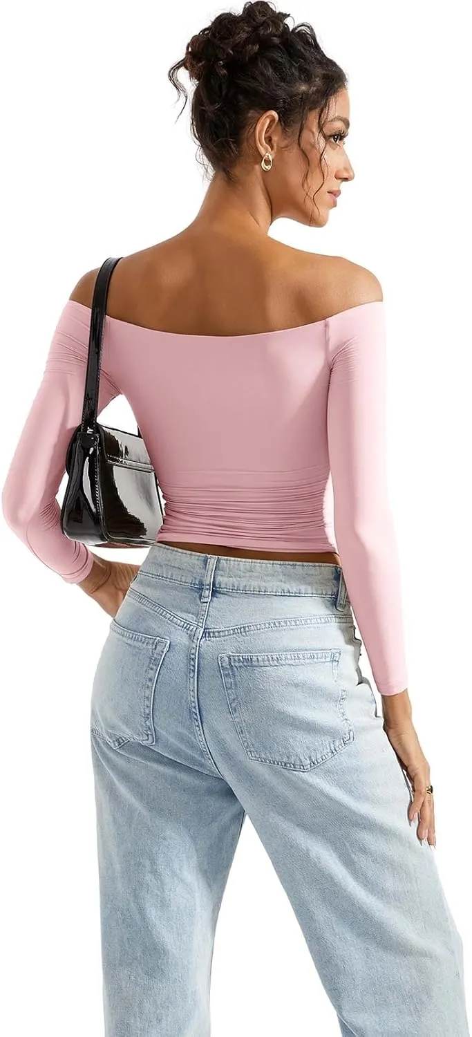 SUUKSESS Women Off Shoulder Double Lined Long Sleeve Shirts Basic Going Out Tops