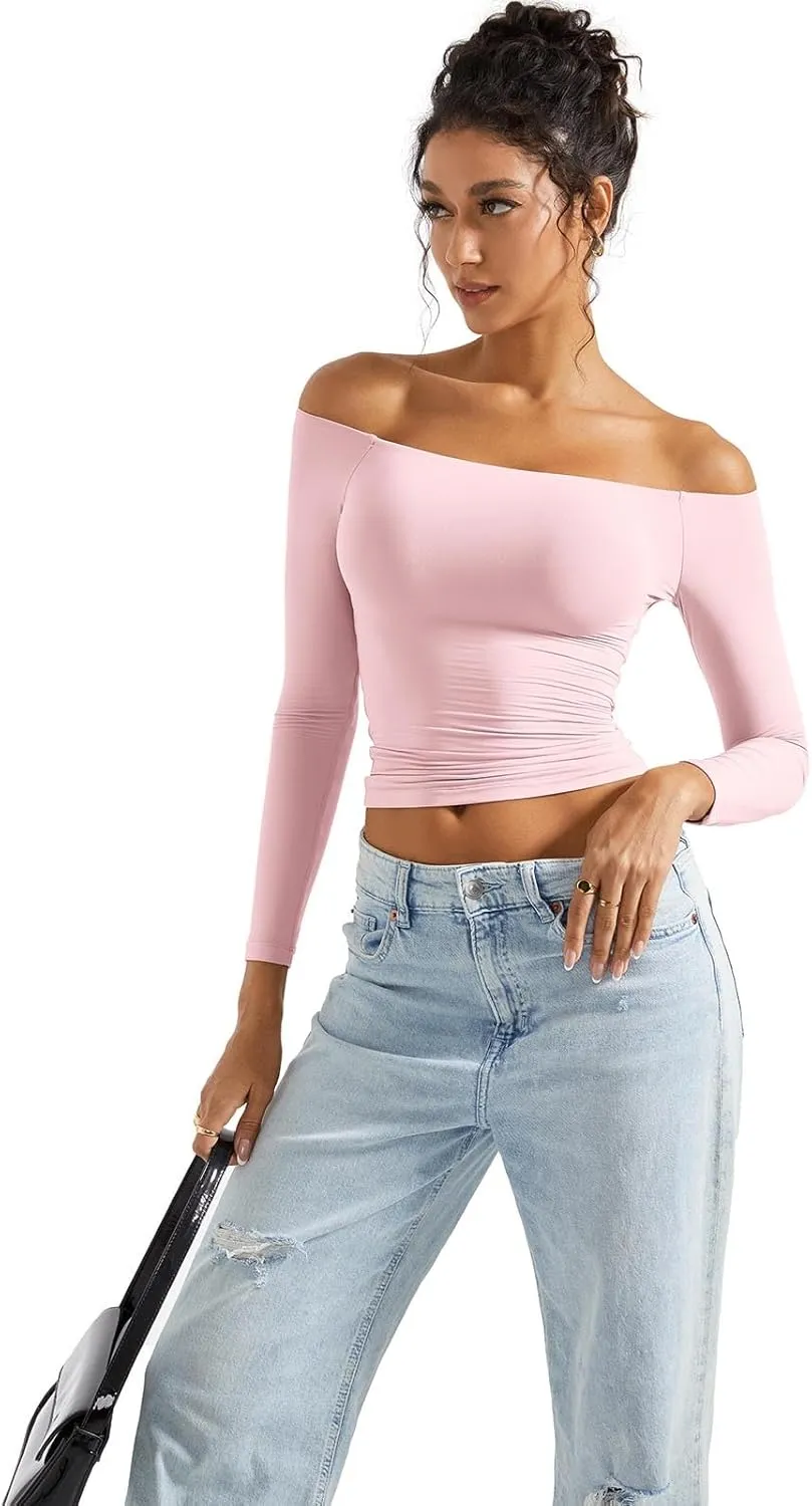 SUUKSESS Women Off Shoulder Double Lined Long Sleeve Shirts Basic Going Out Tops