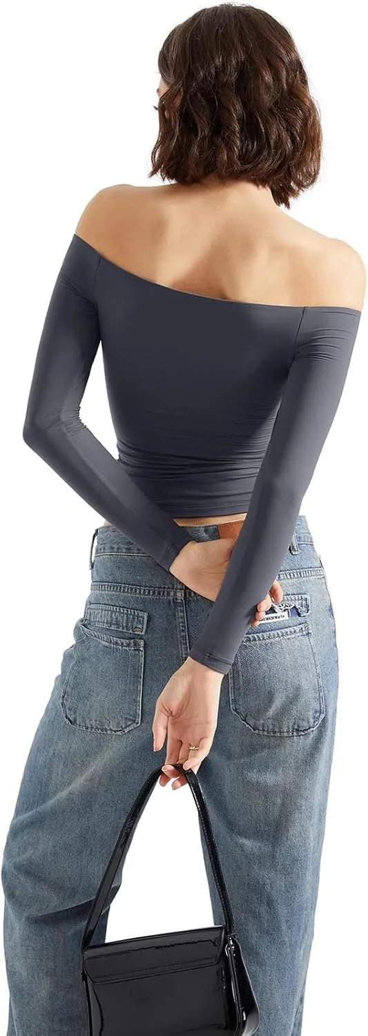 SUUKSESS Women Off Shoulder Double Lined Long Sleeve Shirts Basic Going Out Tops