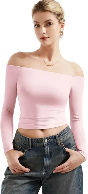 SUUKSESS Women Off Shoulder Double Lined Long Sleeve Shirts Basic Going Out Tops