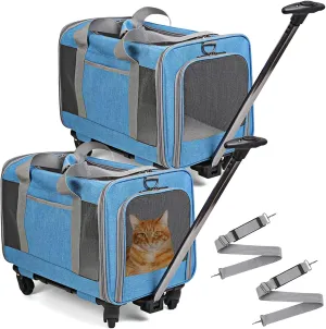 Suzile 2 Pcs Pet Carrier with Wheels Extra Large Cat Rolling Dog Carrier with Adjustable Straps and Telescopic Handle for up to 26.5 Lbs Pet Cats Medium Dogs Camping(Blue and Gray)