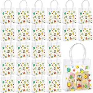 Sweetude 24 Pcs Back to School Gift Bags with Handle Plastic Clear Gift Bags Classroom Party Favor PVC Handbags Candy Themed Goodie Holder for Birthday Party Supplies
