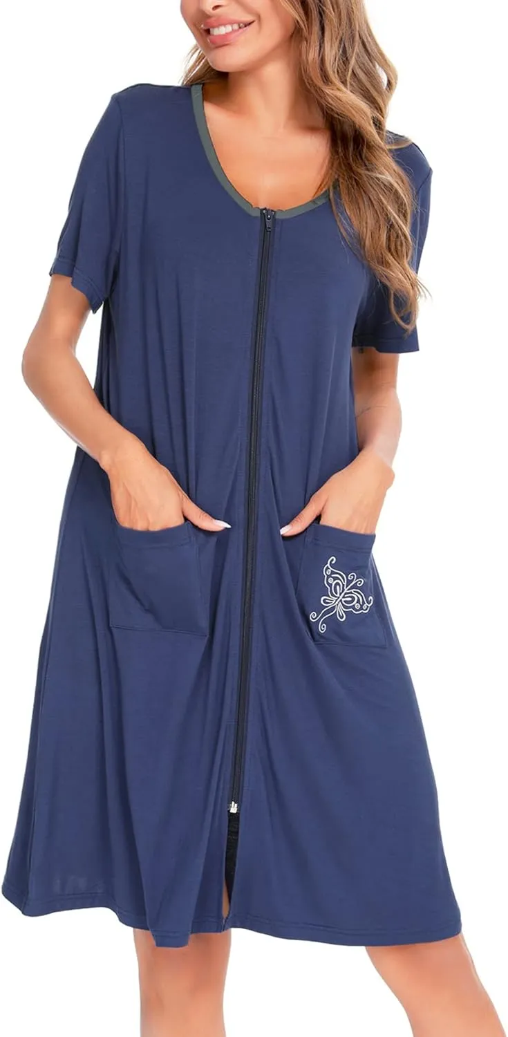 SWOMOG Women's Zip Up Housecoat Zipper Front Robe Lightweight Bathrobe Short Sleeve Loungewear Nightgowns with Pockets