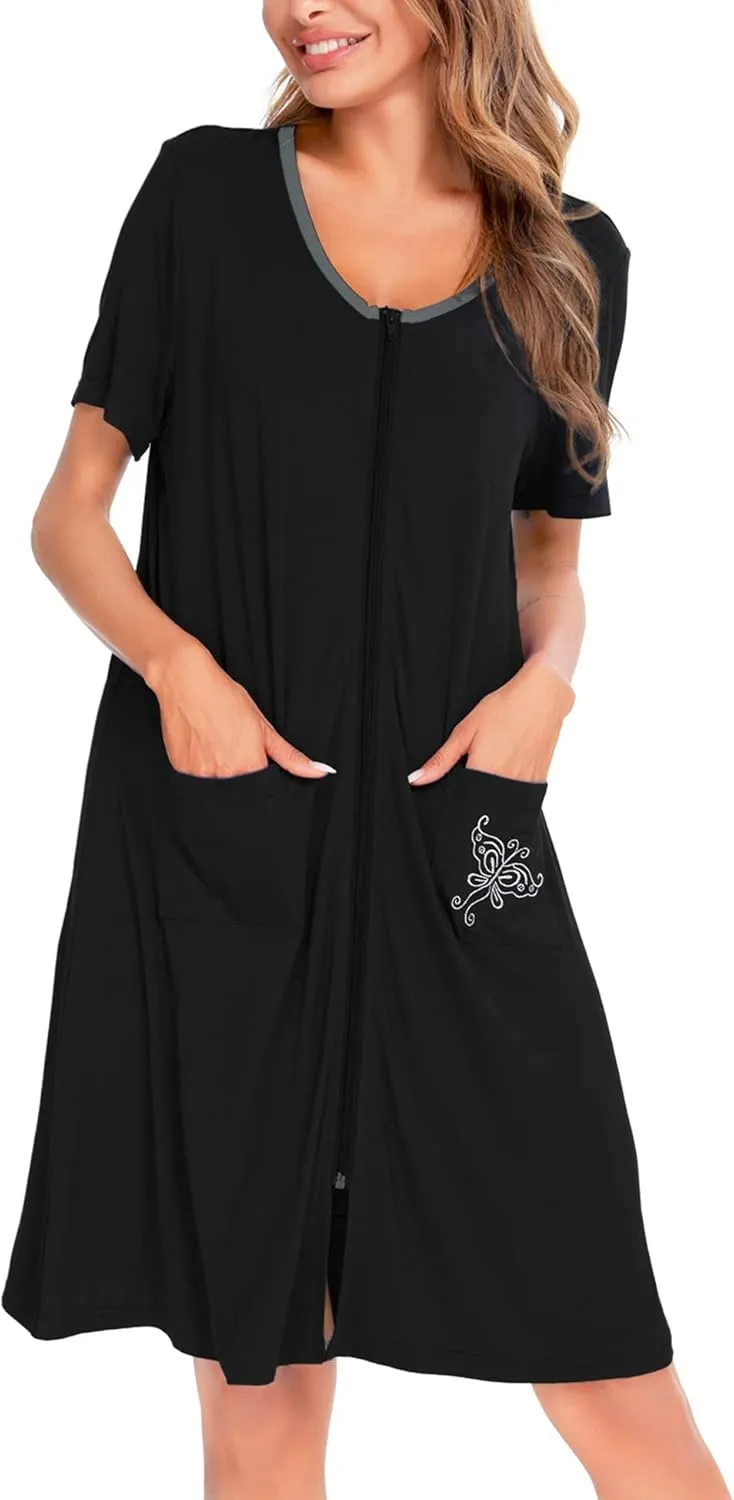 SWOMOG Women's Zip Up Housecoat Zipper Front Robe Lightweight Bathrobe Short Sleeve Loungewear Nightgowns with Pockets