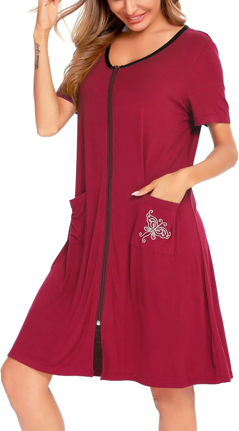 SWOMOG Women's Zip Up Housecoat Zipper Front Robe Lightweight Bathrobe Short Sleeve Loungewear Nightgowns with Pockets