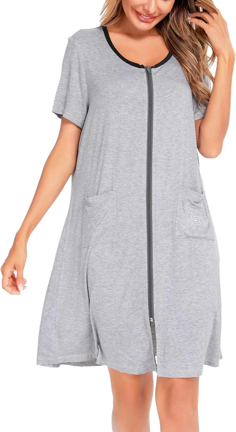 SWOMOG Women's Zip Up Housecoat Zipper Front Robe Lightweight Bathrobe Short Sleeve Loungewear Nightgowns with Pockets