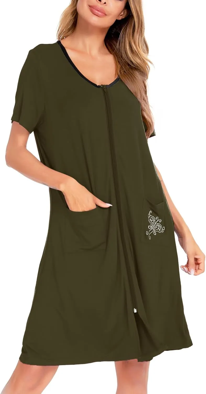 SWOMOG Women's Zip Up Housecoat Zipper Front Robe Lightweight Bathrobe Short Sleeve Loungewear Nightgowns with Pockets