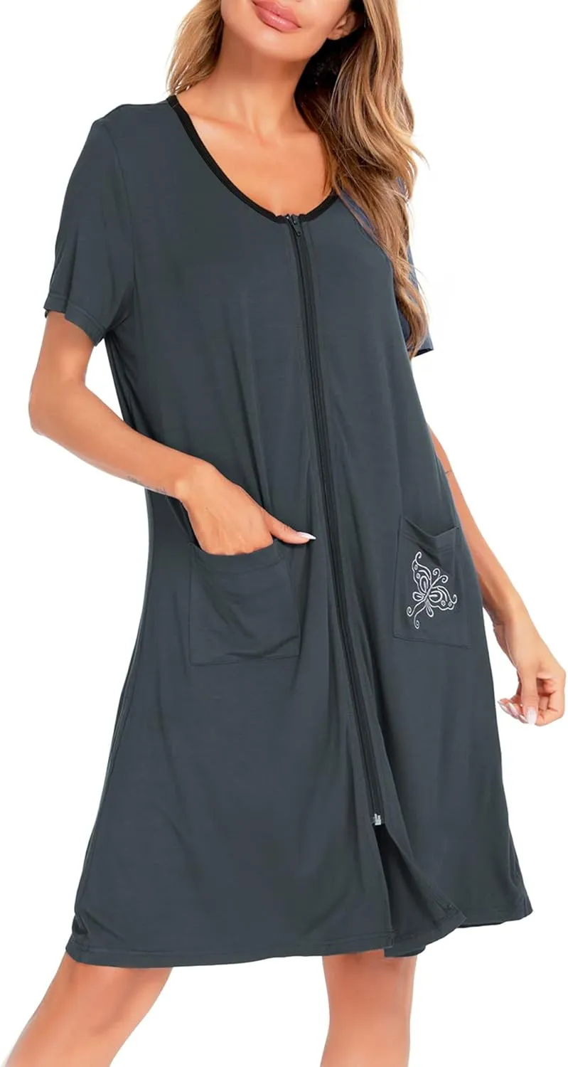 SWOMOG Women's Zip Up Housecoat Zipper Front Robe Lightweight Bathrobe Short Sleeve Loungewear Nightgowns with Pockets