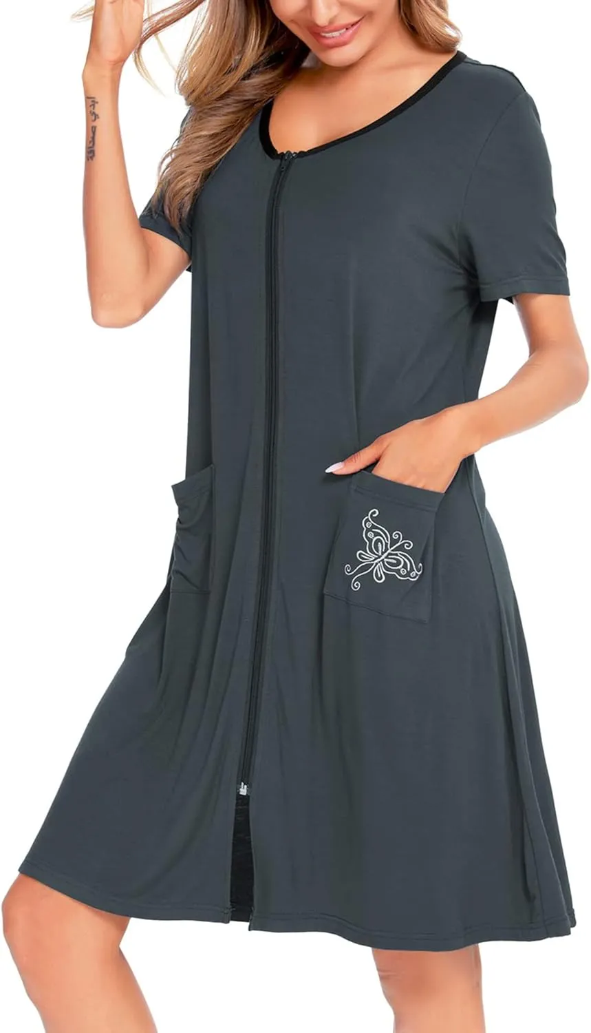 SWOMOG Women's Zip Up Housecoat Zipper Front Robe Lightweight Bathrobe Short Sleeve Loungewear Nightgowns with Pockets