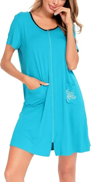 SWOMOG Women's Zip Up Housecoat Zipper Front Robe Lightweight Bathrobe Short Sleeve Loungewear Nightgowns with Pockets