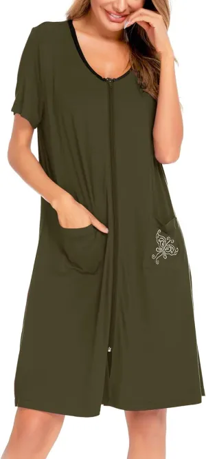 SWOMOG Women's Zip Up Housecoat Zipper Front Robe Lightweight Bathrobe Short Sleeve Loungewear Nightgowns with Pockets