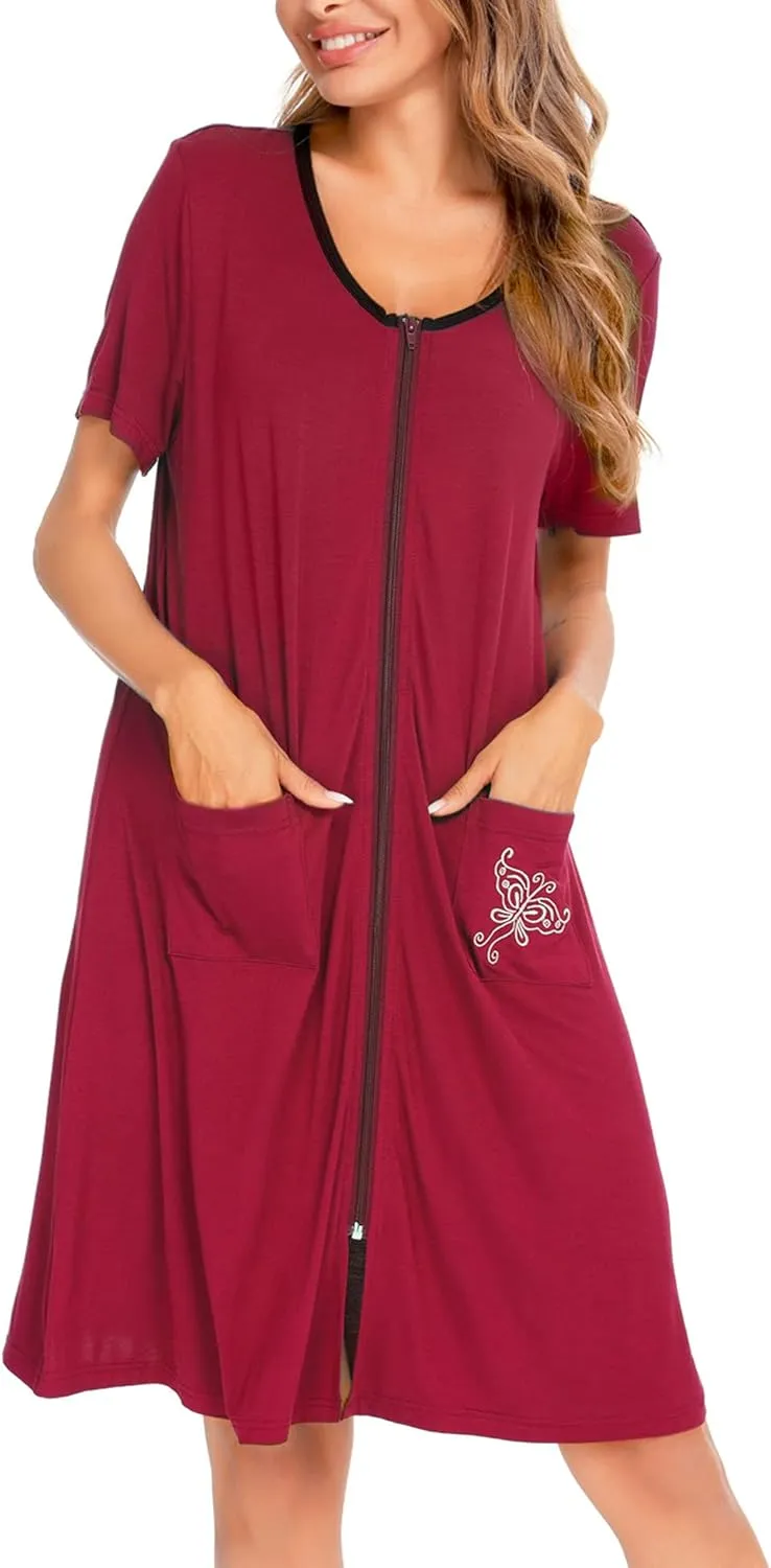 SWOMOG Women's Zip Up Housecoat Zipper Front Robe Lightweight Bathrobe Short Sleeve Loungewear Nightgowns with Pockets