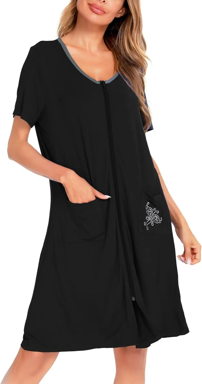 SWOMOG Women's Zip Up Housecoat Zipper Front Robe Lightweight Bathrobe Short Sleeve Loungewear Nightgowns with Pockets