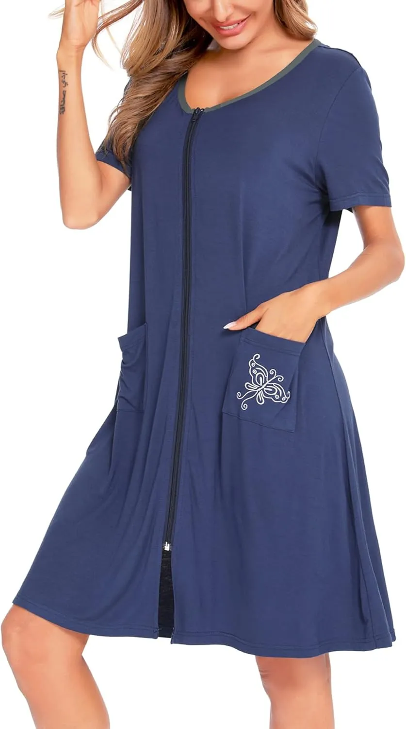 SWOMOG Women's Zip Up Housecoat Zipper Front Robe Lightweight Bathrobe Short Sleeve Loungewear Nightgowns with Pockets