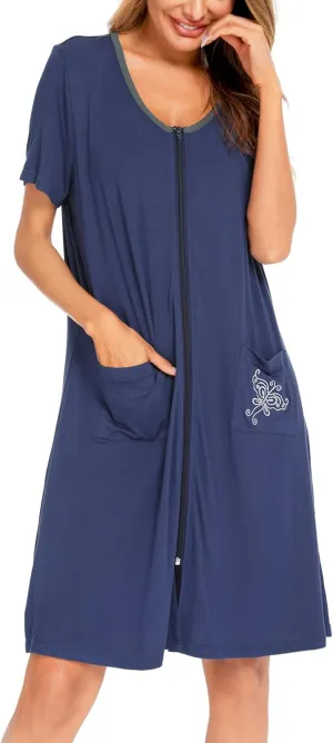 SWOMOG Women's Zip Up Housecoat Zipper Front Robe Lightweight Bathrobe Short Sleeve Loungewear Nightgowns with Pockets