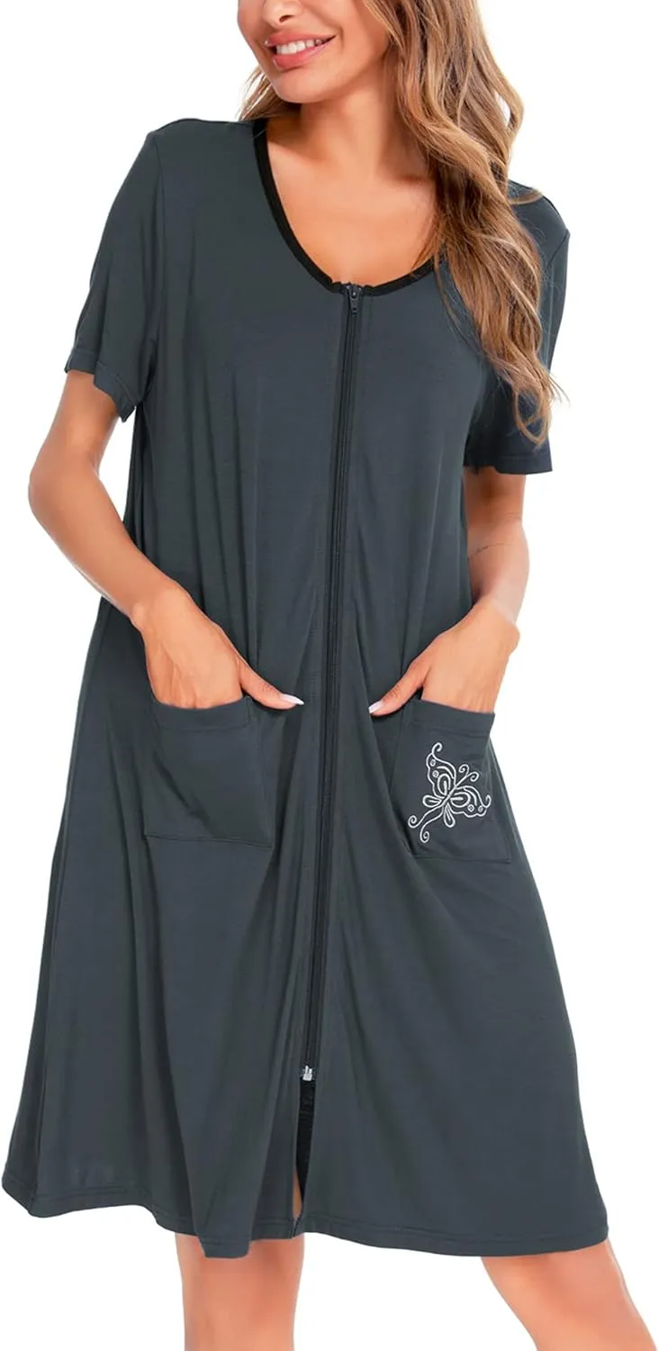 SWOMOG Women's Zip Up Housecoat Zipper Front Robe Lightweight Bathrobe Short Sleeve Loungewear Nightgowns with Pockets