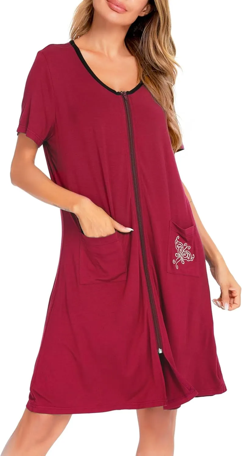SWOMOG Women's Zip Up Housecoat Zipper Front Robe Lightweight Bathrobe Short Sleeve Loungewear Nightgowns with Pockets