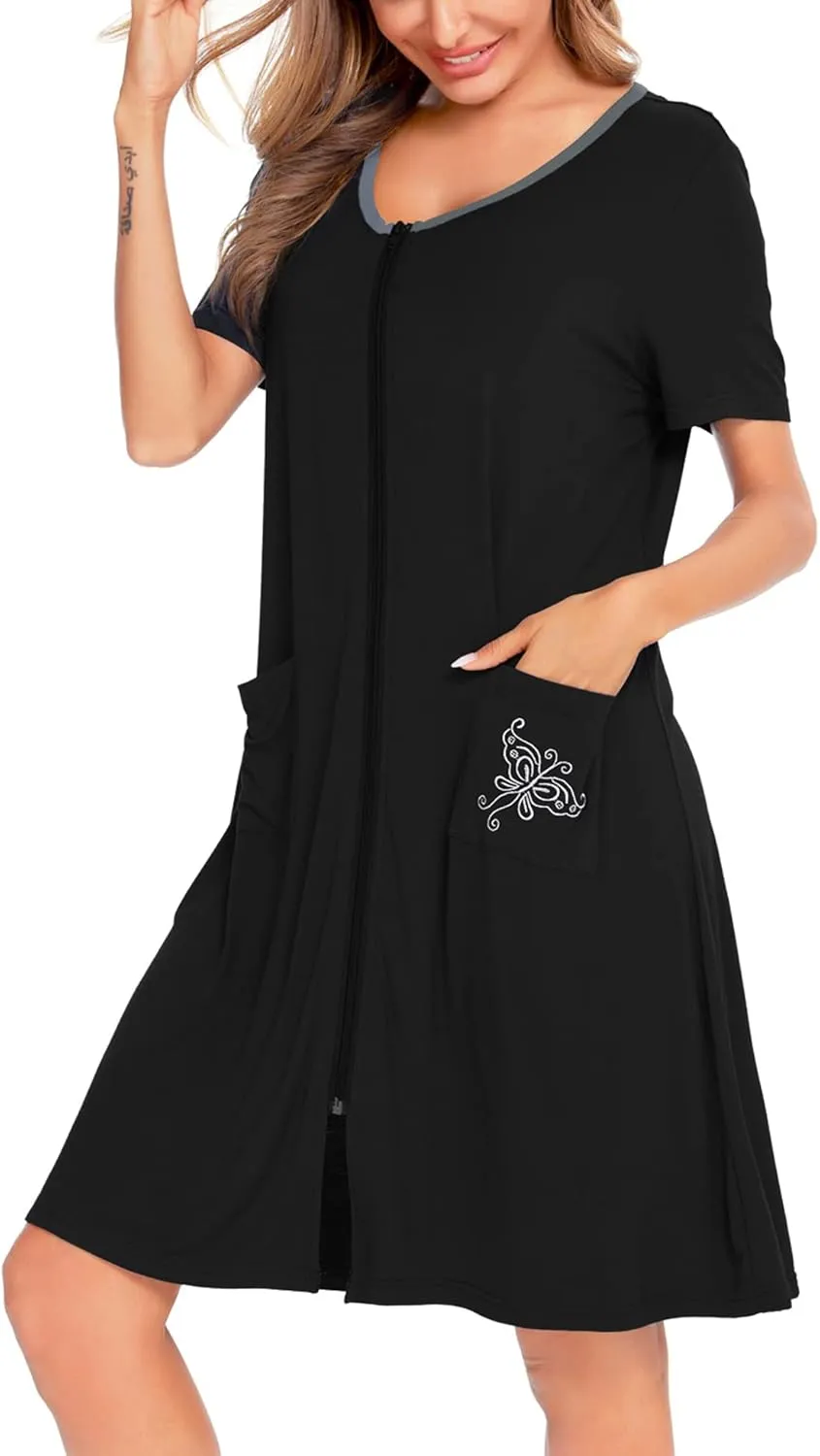 SWOMOG Women's Zip Up Housecoat Zipper Front Robe Lightweight Bathrobe Short Sleeve Loungewear Nightgowns with Pockets