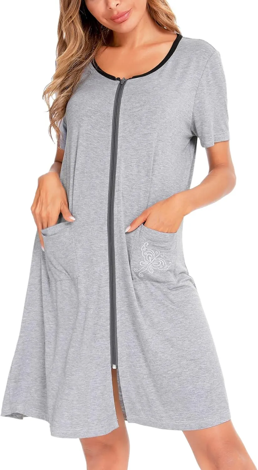 SWOMOG Women's Zip Up Housecoat Zipper Front Robe Lightweight Bathrobe Short Sleeve Loungewear Nightgowns with Pockets